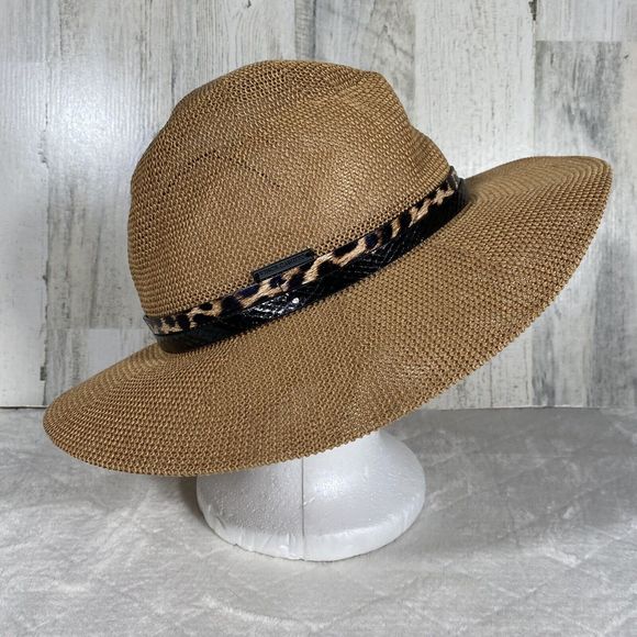 Vince Camuto Sun Hat Straw Floppy Hat Tan Black Cheetah Print Band Adjustable - Picture 1 of 6